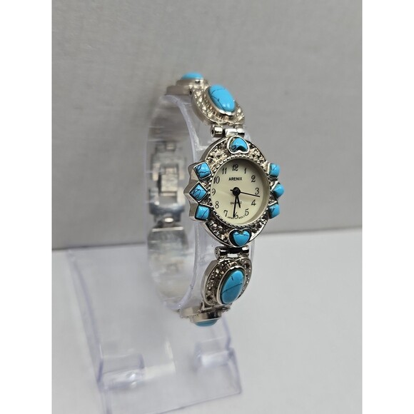 Arenix Turquoise Inlay Bracelet Watch Quartz New Battery Silver Tone Ladies 25mm - Picture 3 of 10